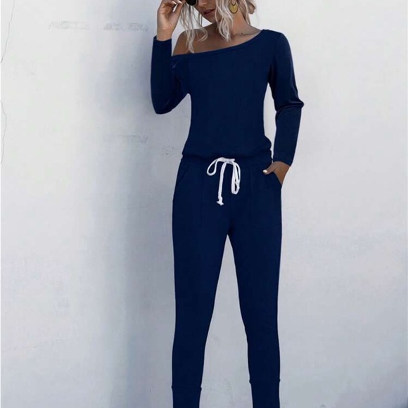 Classic Elegant Asymmetrical Neck Long Sleeve Tie Waist Tee Jumpsuit Navy Blue - Picture 5 of 5